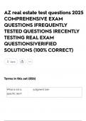AZ real estate test questions 2025 COMPREHENSIVE EXAM QUESTIONS &vert;FREQUENTLY TESTED QUESTIONS &vert;RECENTLY TESTING REAL EXAM QUESTIONS&vert;VERIFIED SOLUTIONS &lpar;100&percnt; CORRECT&rpar;