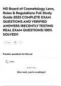 ND Board of Cosmetology Laws&comma; Rules & Regulations Full Study Guide 2025 COMPLETE EXAM QUESTIONS AND VERIFIED ANSWERS &vert;RECENTLY TESTING REAL EXAM QUESTIONS&vert; 100&percnt; SOLVED&excl;&excl;