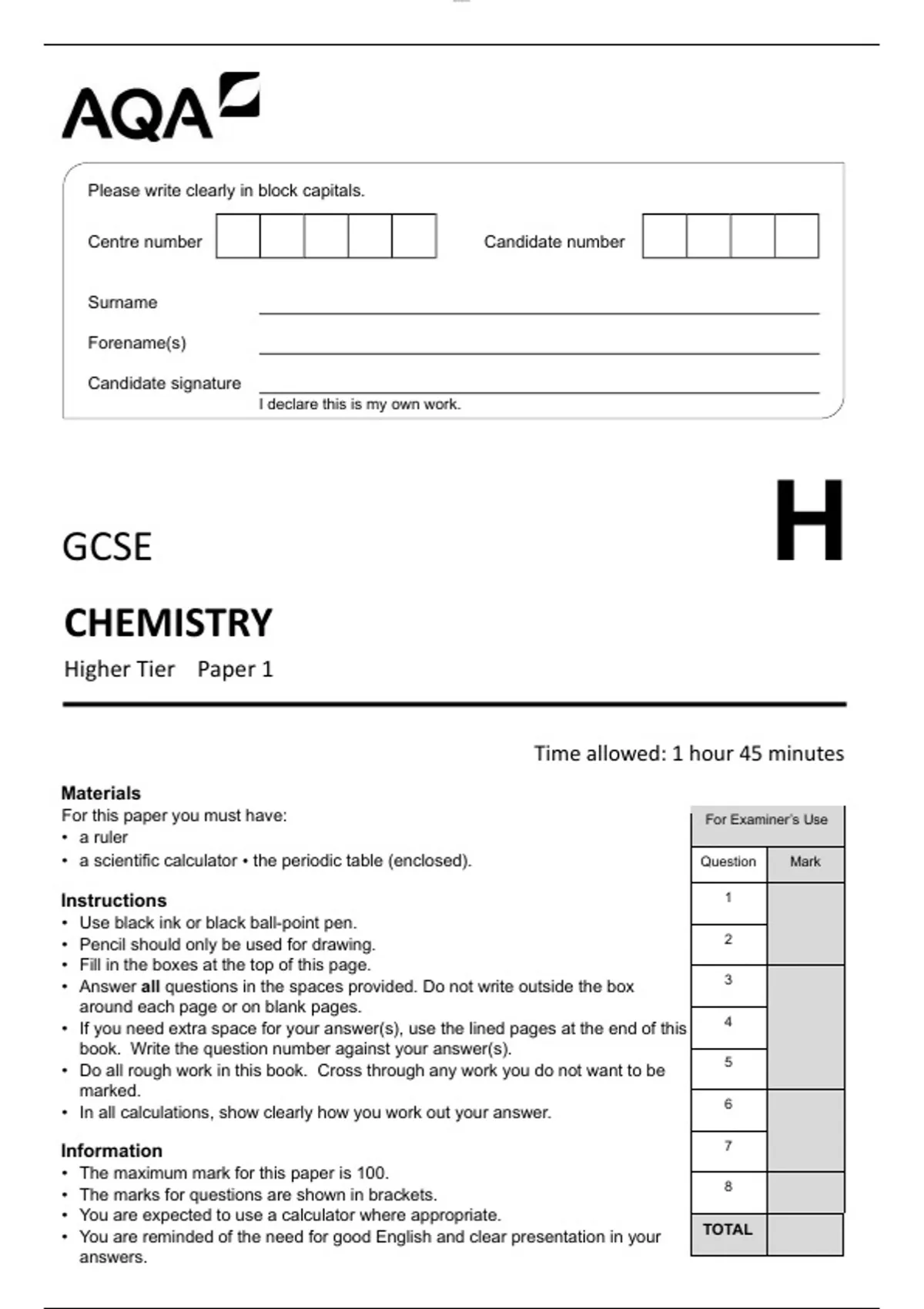 AQA GCSE Chemistry Higher Tier Paper 1 Exam June 2025| GET IT A+ - AQA ...