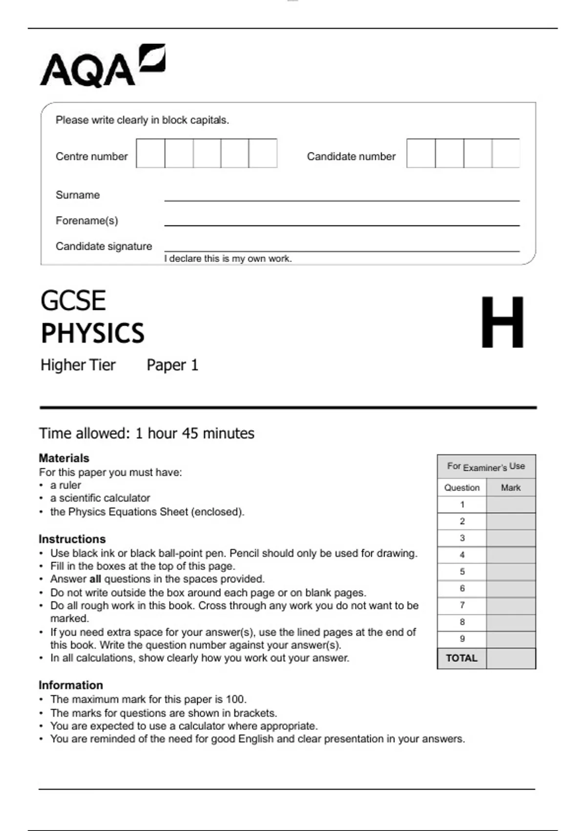 AQA GCSE PHYSICS Higher Tier Paper 1 Exam June 2025| GET IT A+ - AQA ...