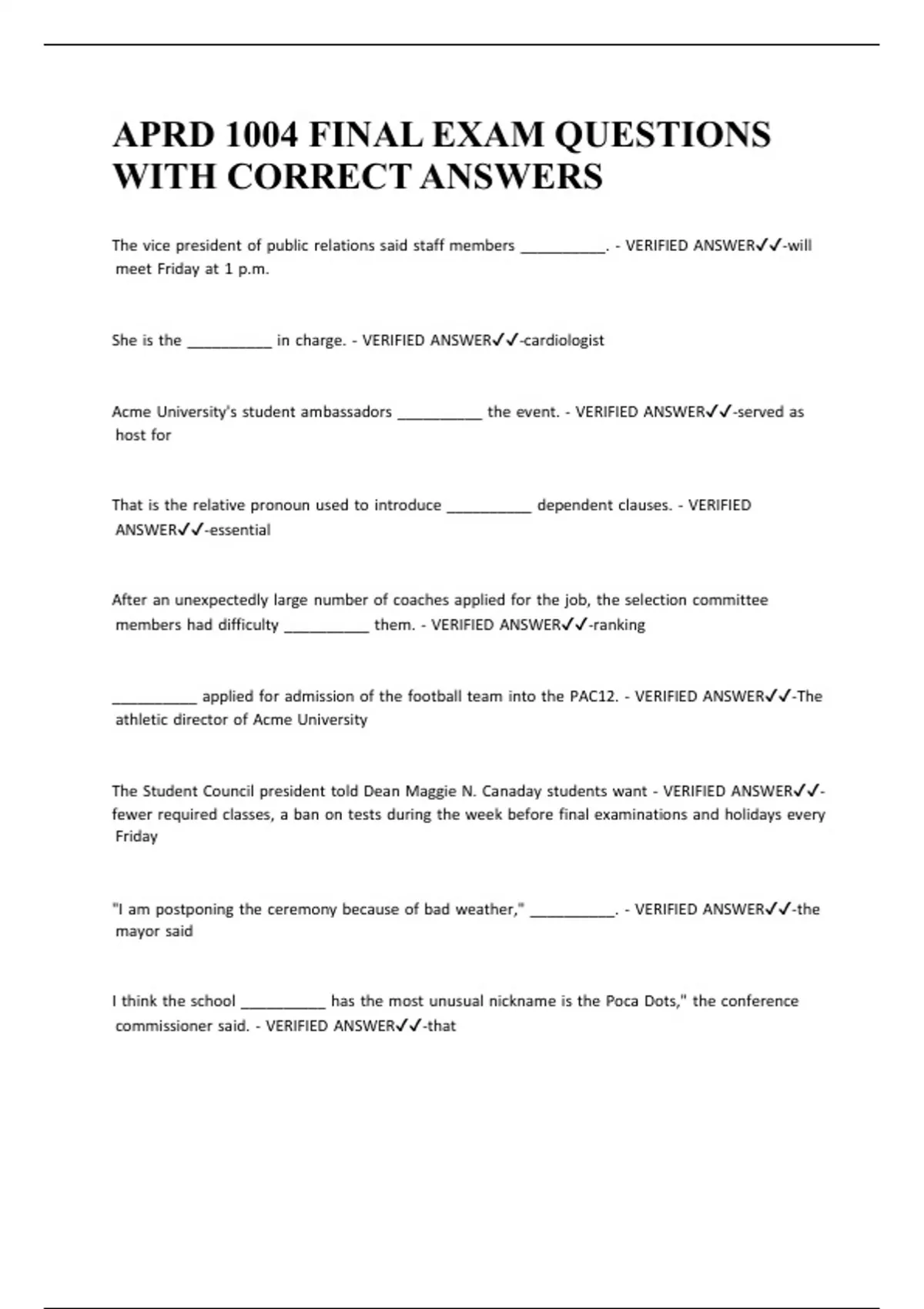 APRD 1004 FINAL EXAM QUESTIONS WITH CORRECT ANSWERS - APRD 1004 - Stuvia US