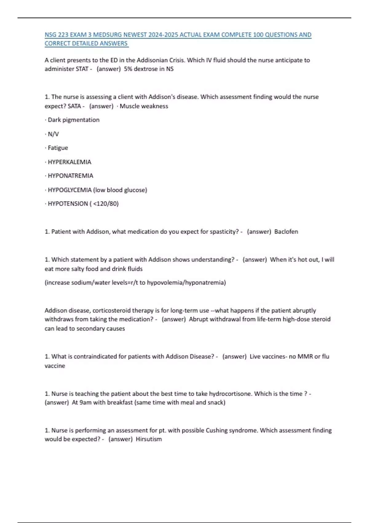 NSG 223 EXAM 3 MEDSURG NEWEST ACTUAL EXAM COMPLETE 100 QUESTIONS AND ...