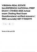 VIRGINIA REAL ESTATE SALESPERSON NATIONAL PREP EXAM 1 &lpar;TIMED&rpar; 2025 Actual exam &lpar;Testing Real Exam Questions&rpar;and verified Answers &lpar; 100&percnt; accurate&rpar; GET IT RIGHT&excl;&excl;