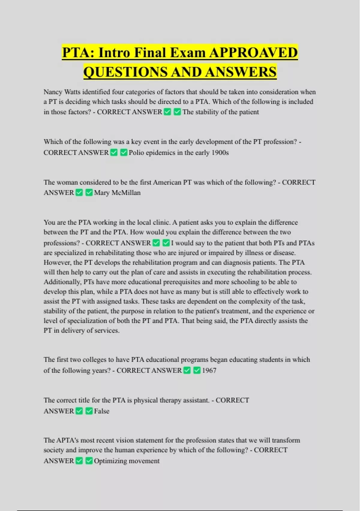 PTA: Intro Final Exam APPROAVED QUESTIONS AND ANSWERS - Intro to PTA ...