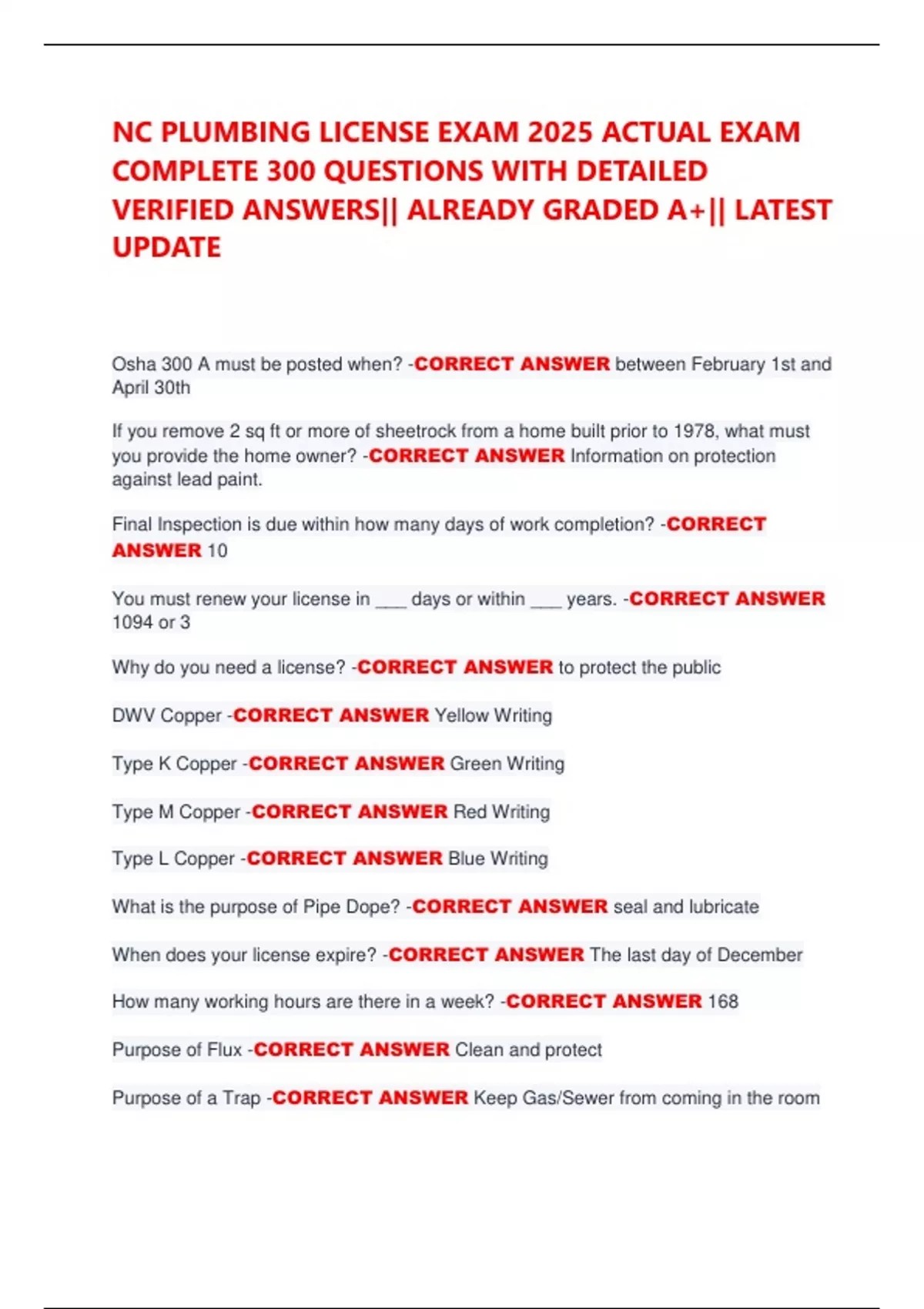 NC PLUMBING LICENSE EXAM 2025 ACTUAL EXAM COMPLETE 300 QUESTIONS WITH