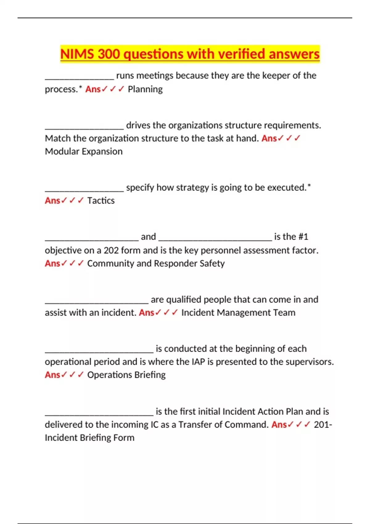 NIMS 300 – National Incident Management System | Verified Questions and ...