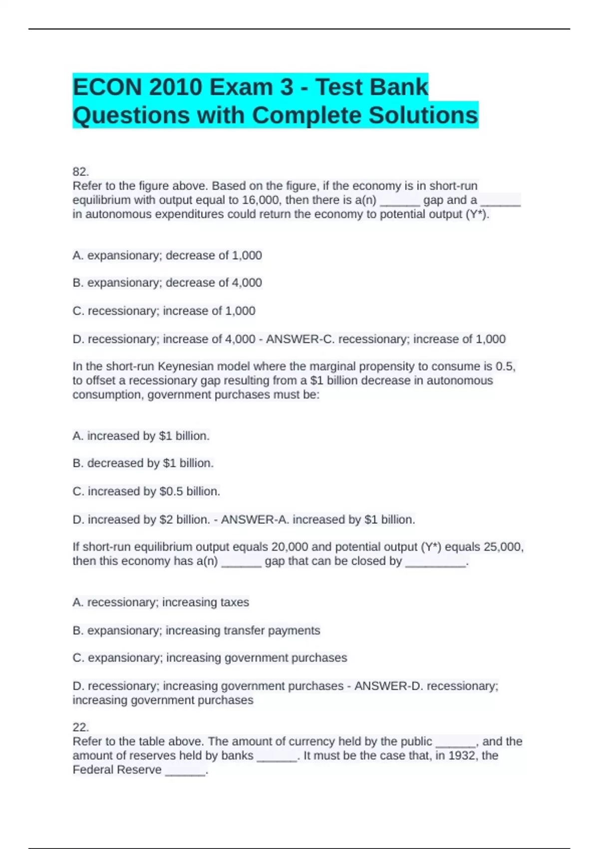 ECON 2010 Exam 3 - Test Bank Questions with Complete Solutions ...