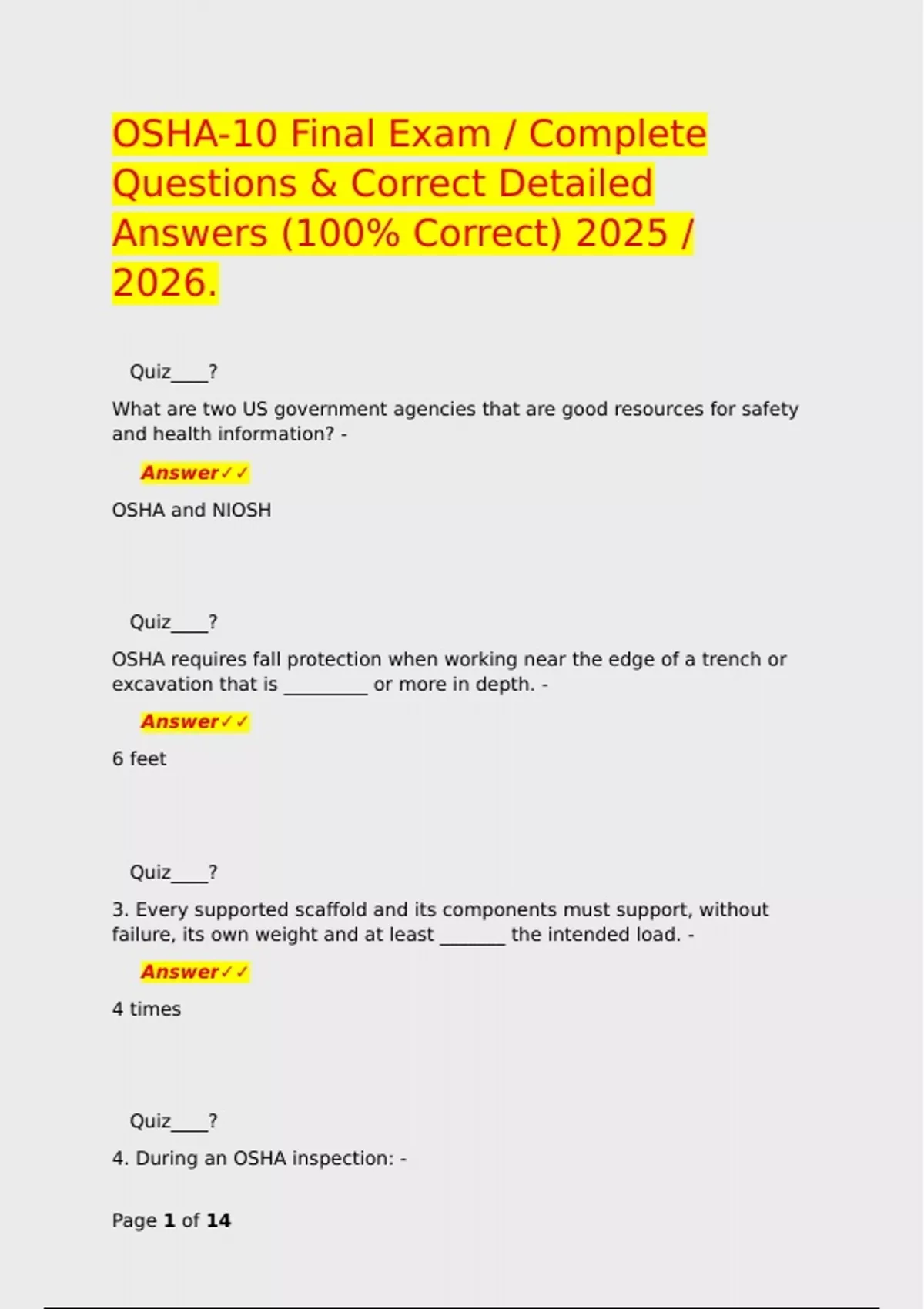 OSHA-10 Final Exam / Complete Questions & Correct Detailed Answers (100% Correct) 2025 / 2026 ...
