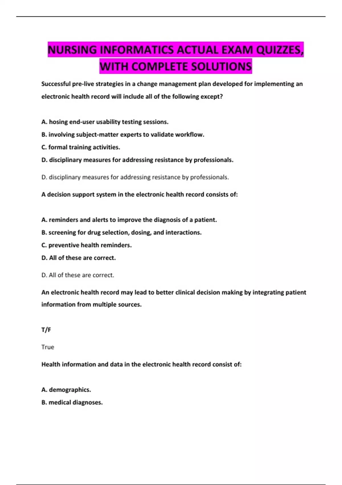 NURSING INFORMATICS ACTUAL EXAM QUIZZES, WITH COMPLETE SOLUTIONS ...