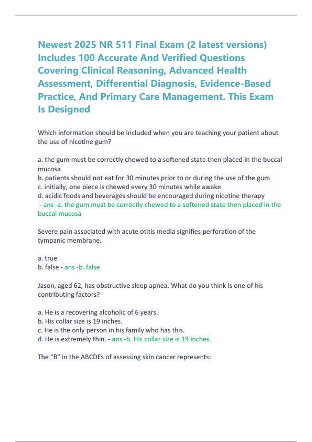 Newest 2025 NR 511 Final Exam (2 latest versions) Includes 100 Accurate ...