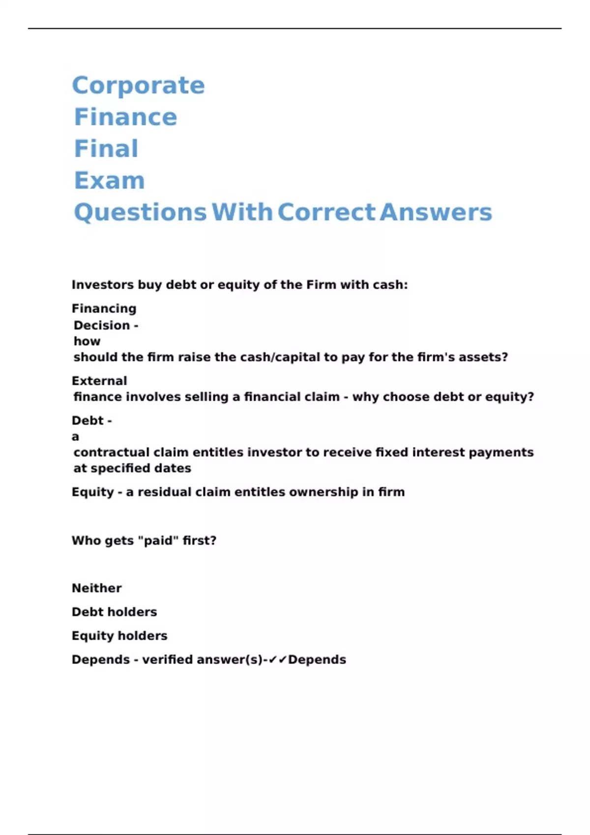 Corporate Finance Final Exam Questions With Correct Answers - CFI FMVA ...