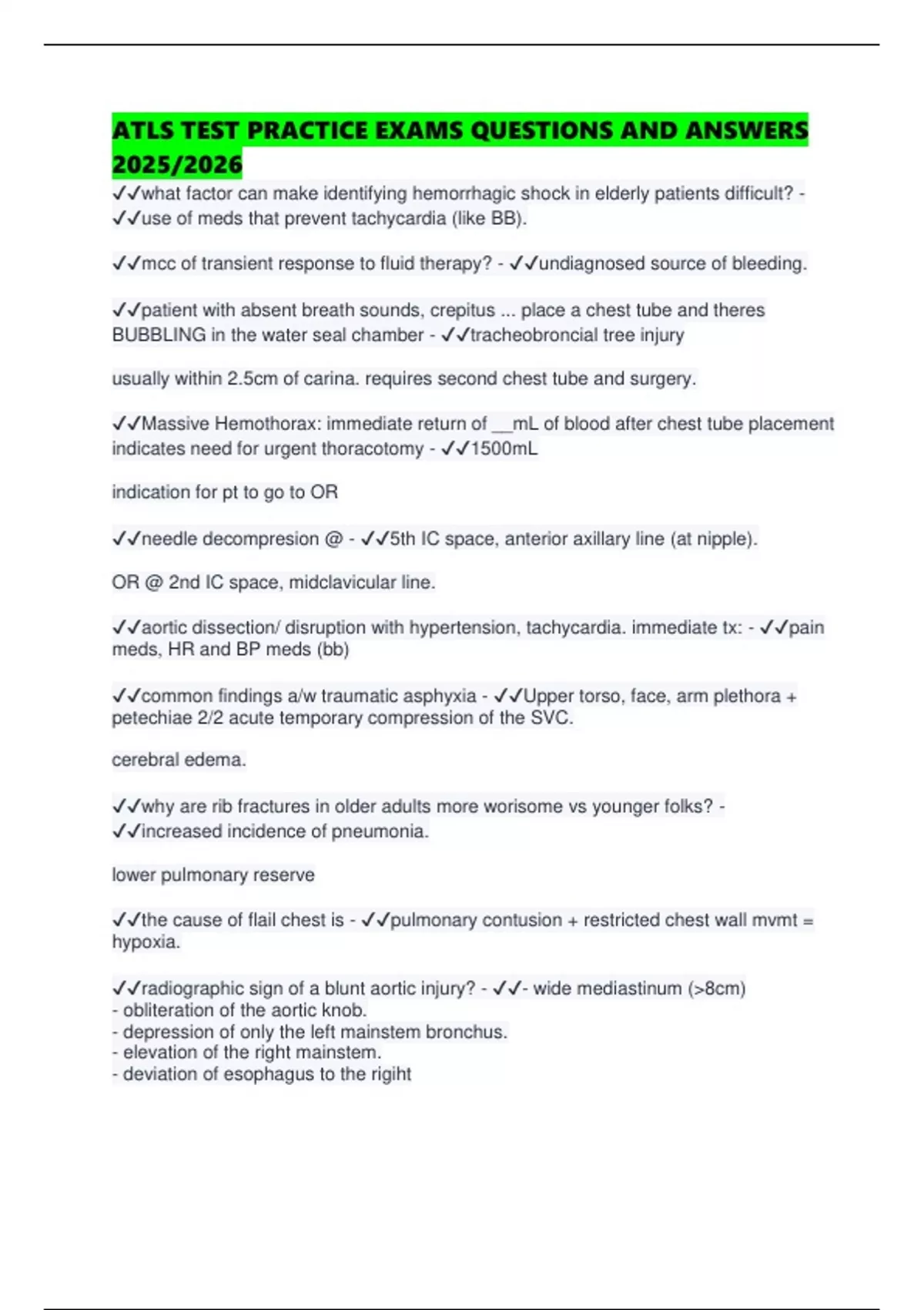 ATLS TEST PRACTICE EXAMS QUESTIONS AND ANSWERS 2025/2026 - ATLS - Stuvia US