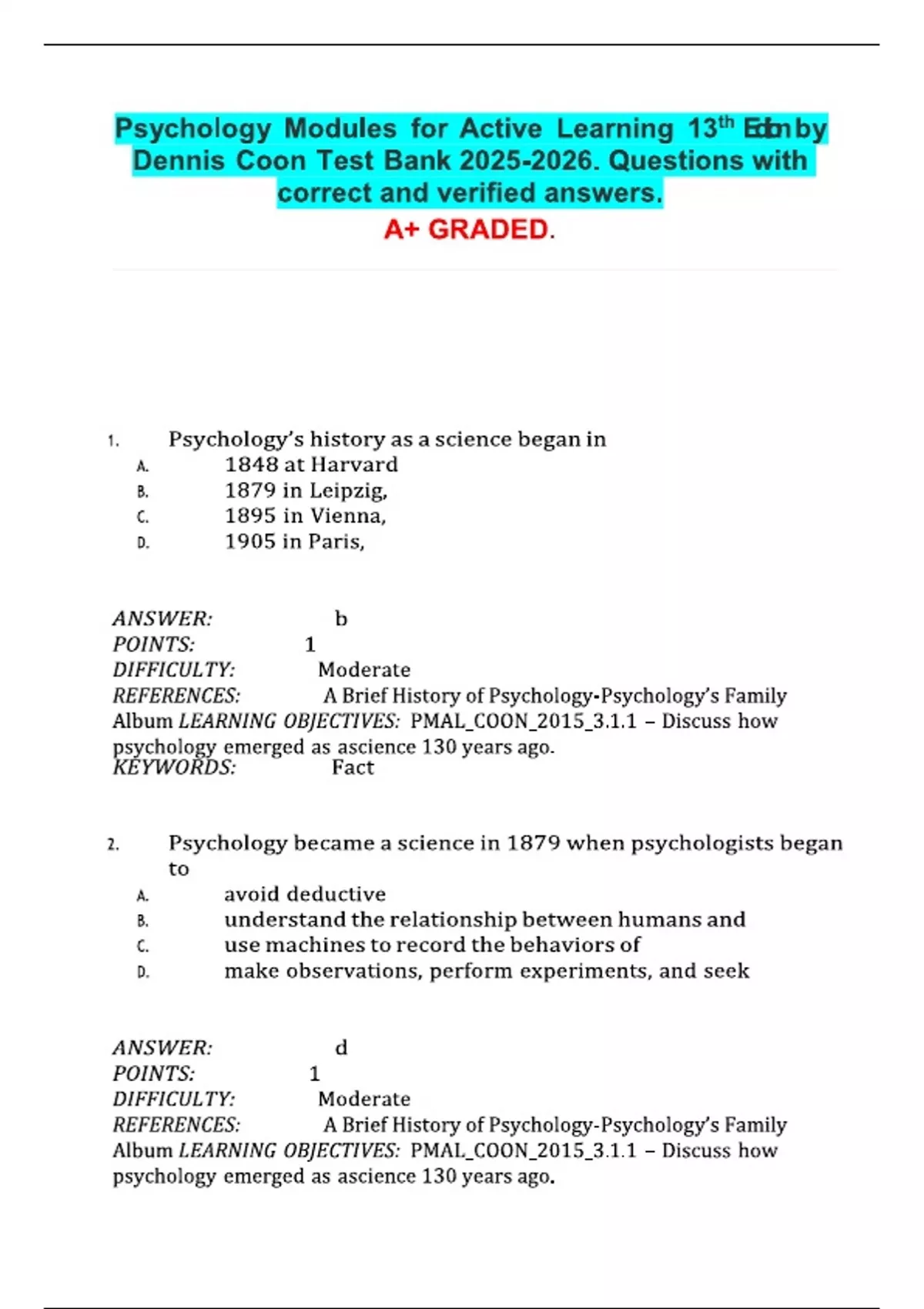 Psychology Modules for Active Learning 13th Edition by Dennis Coon Test ...