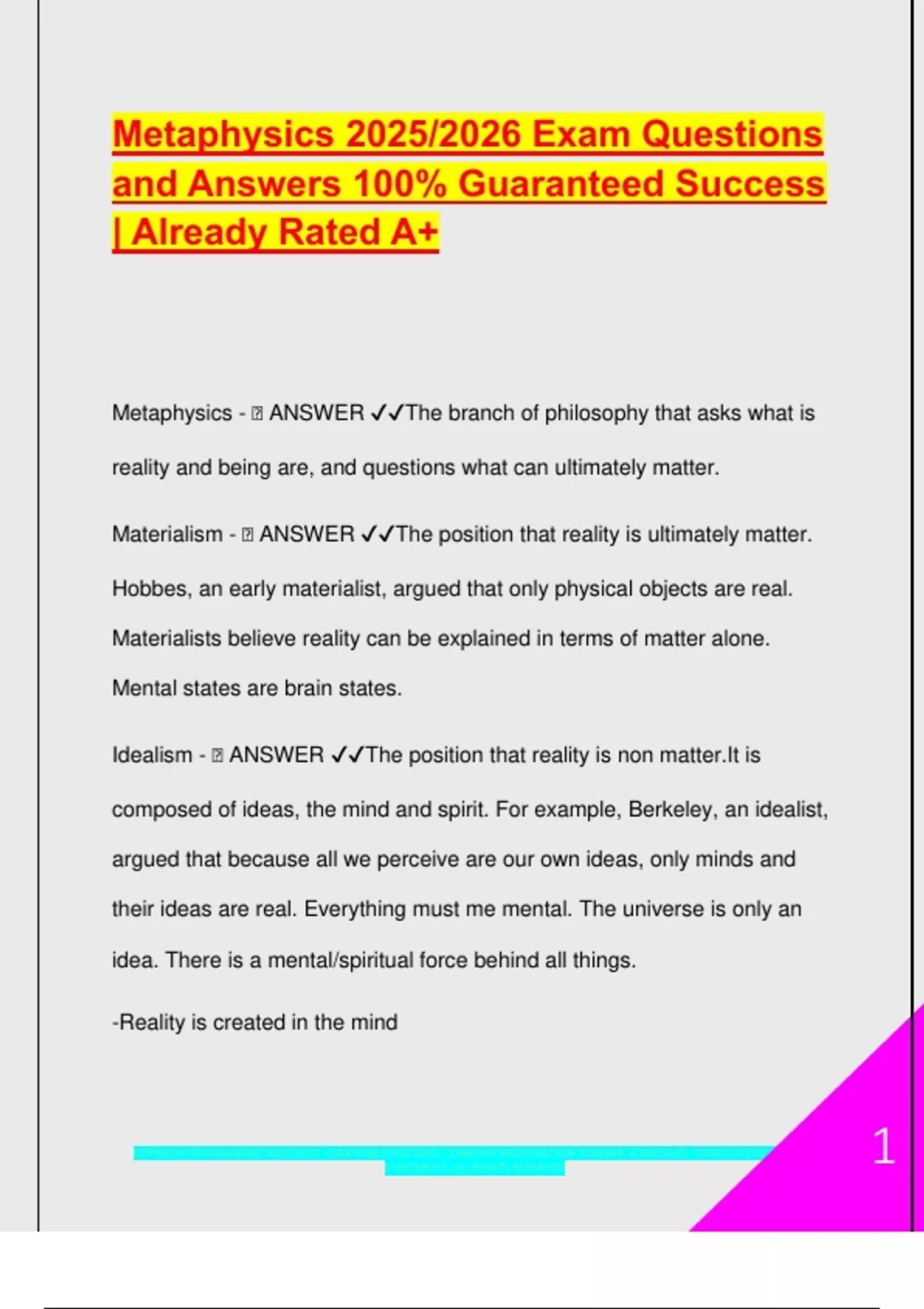 Metaphysics – Academic Year 2025/2026 – Complete Exam Questions and ...