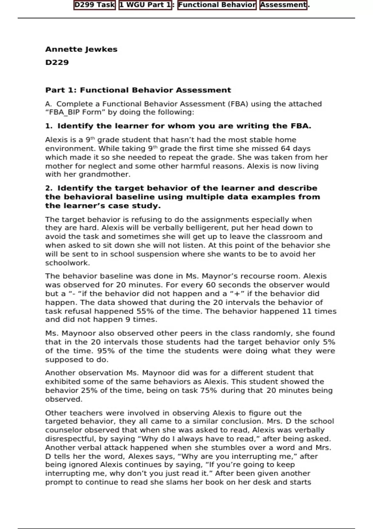 D299 Task 1 WGU Part 1: Functional Behavior Assessment. - D299 Task 1 ...