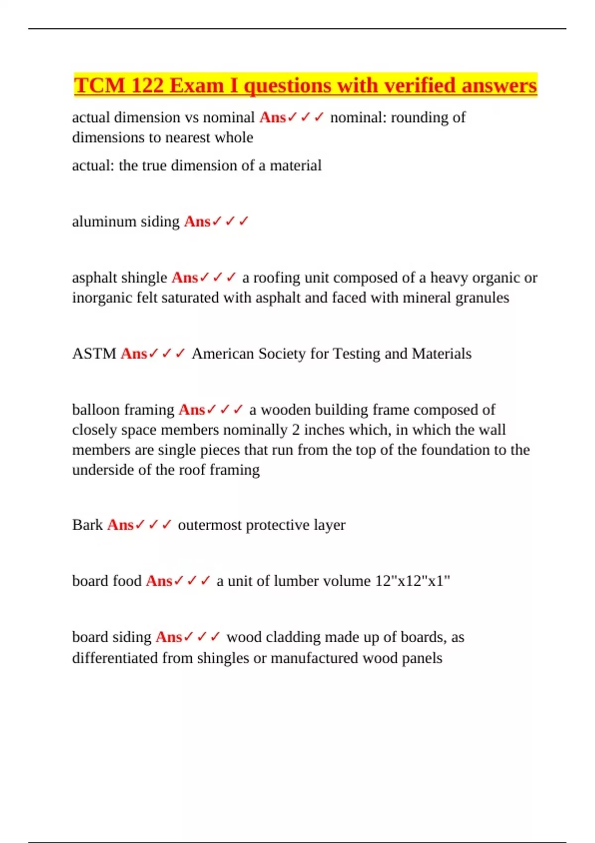 TCM 122 – Exam I Verified Questions and Answers | Building Materials ...