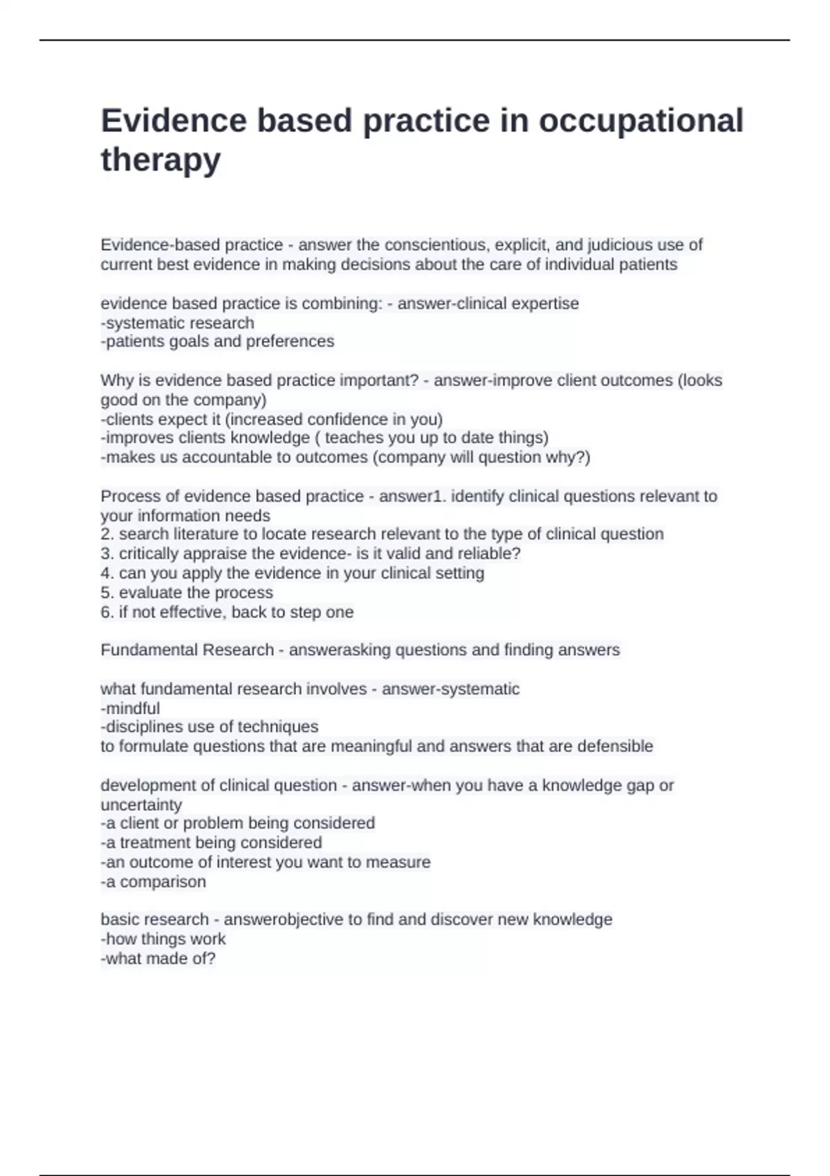 Ot Questions Evidence based practice in occupational therapy Questions and Answers ...