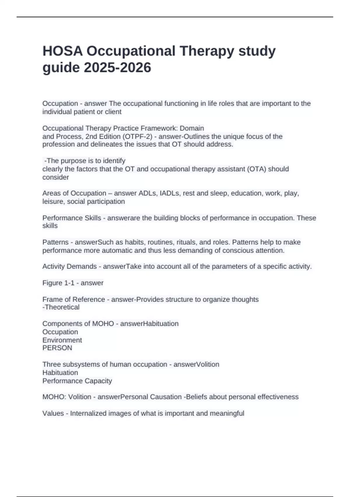 HOSA Occupational Therapy study guide Questions and Answers 100