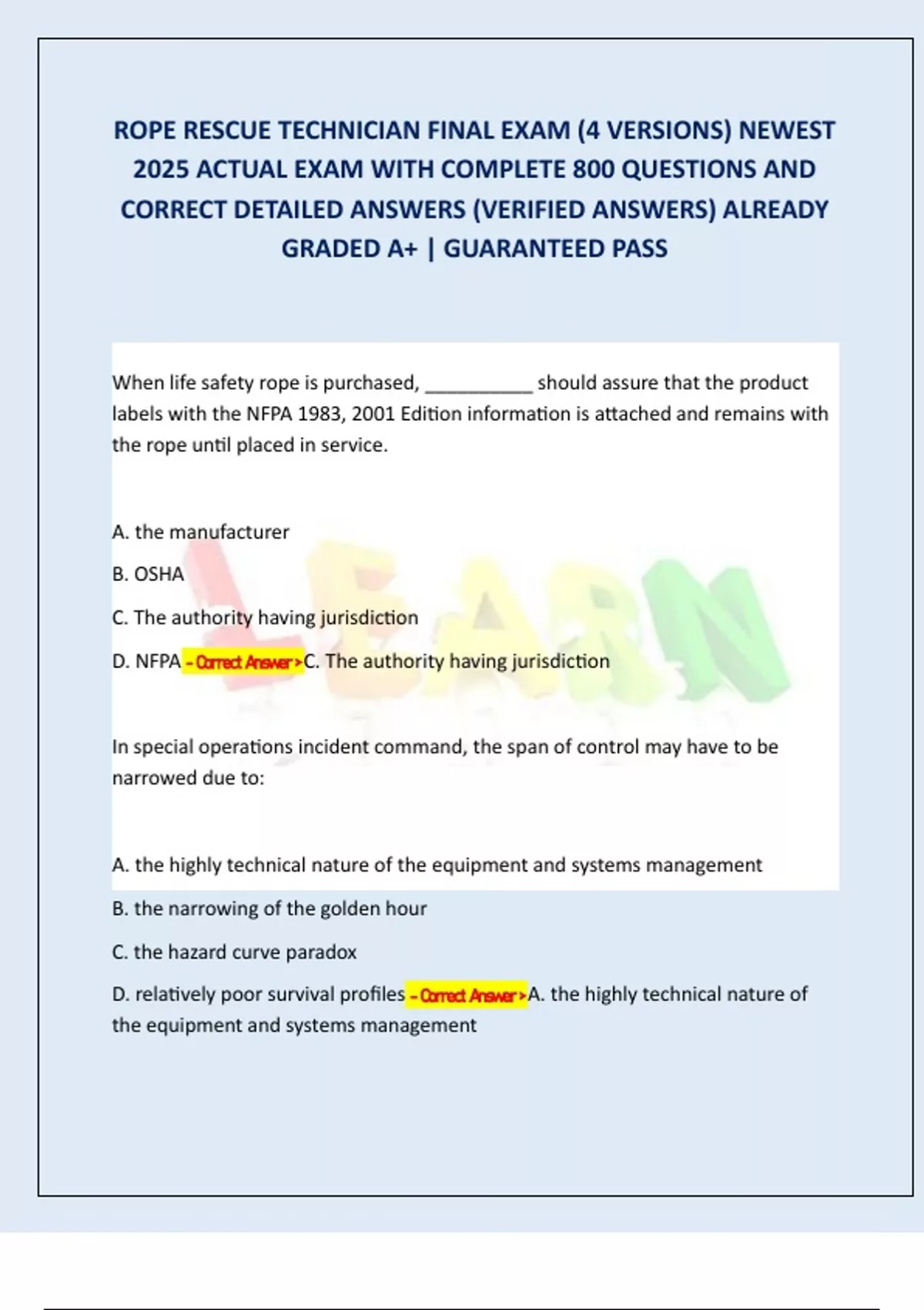 ROPE RESCUE TECHNICIAN FINAL EXAM (4 VERSIONS) NEWEST 2025 ACTUAL EXAM ...