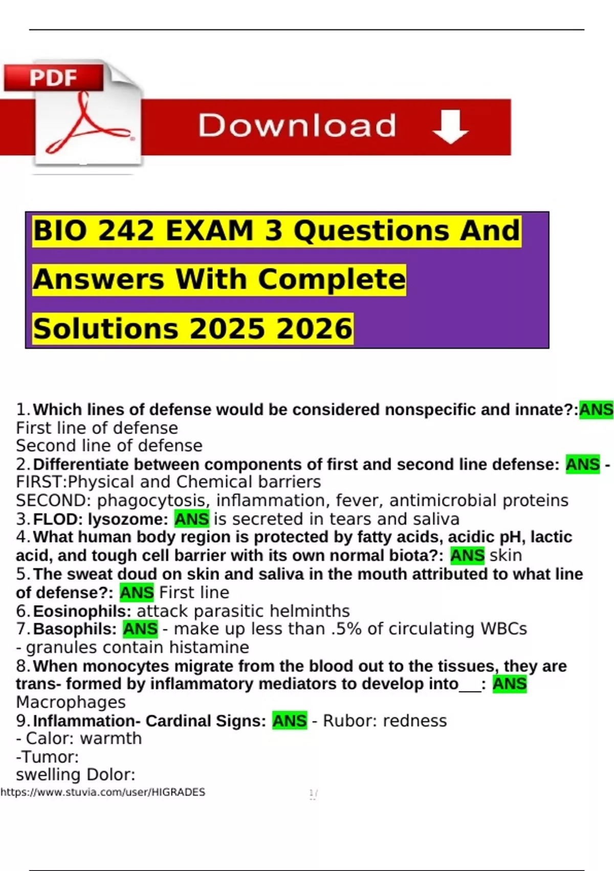 BIO 242 EXAM 3 Questions And Answers With Complete Solutions - BIO 242 ...