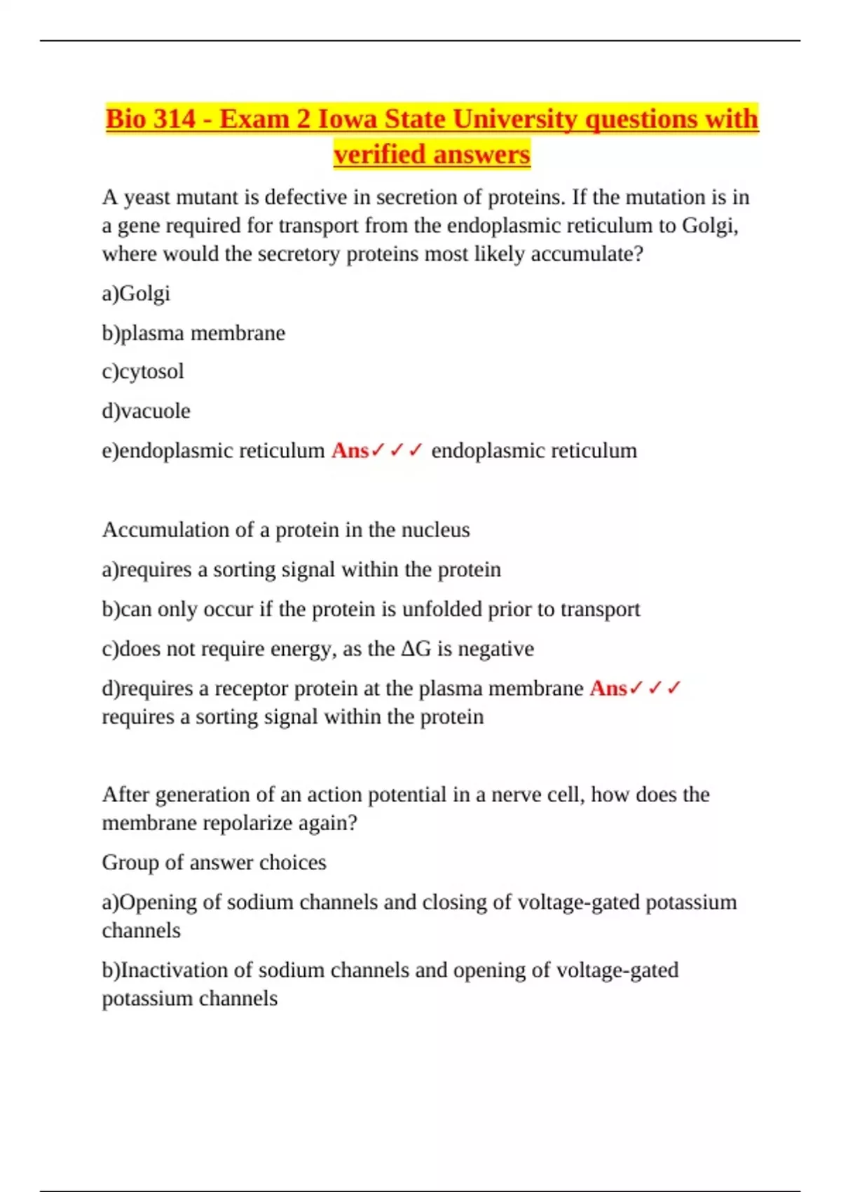 BIO 314 – Exam 1 – Verified Questions and Answers – Iowa State ...