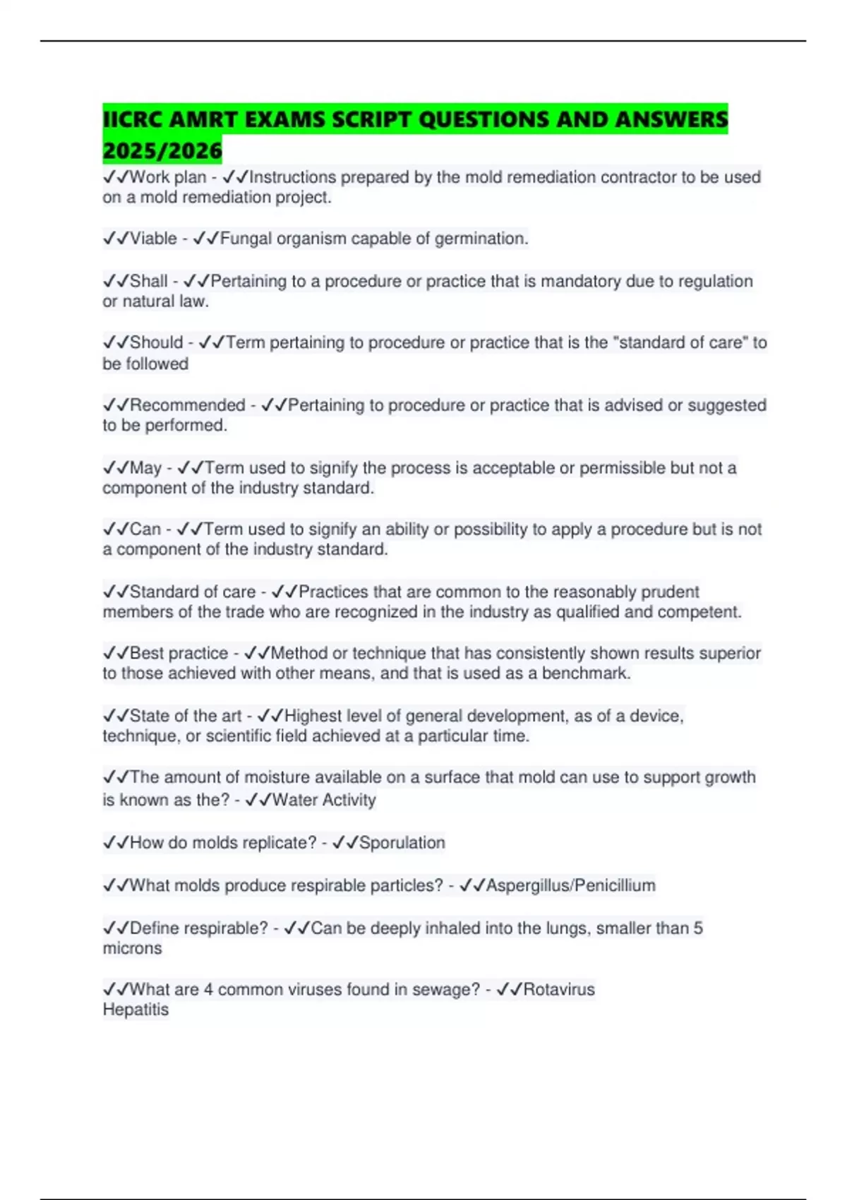 IICRC AMRT EXAMS SCRIPT QUESTIONS AND ANSWERS 2025/2026 - Amrt - Stuvia US