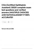 COA &lpar;Certified Ophthalmic Assistant&rpar; &vert;2025&vert; complete exam test questions and verified answers &lpar;MULTIPLE CHOICES&rpar; AND RATIONALES&vert;GET IT 100&percnt; ACCURATE&excl;&excl;