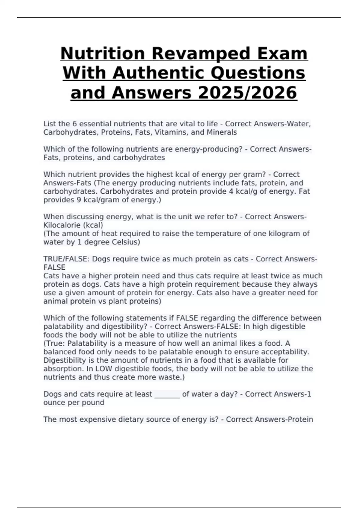 Nutrition – Revamped Exam with Authentic Questions and Answers (2025/ ...