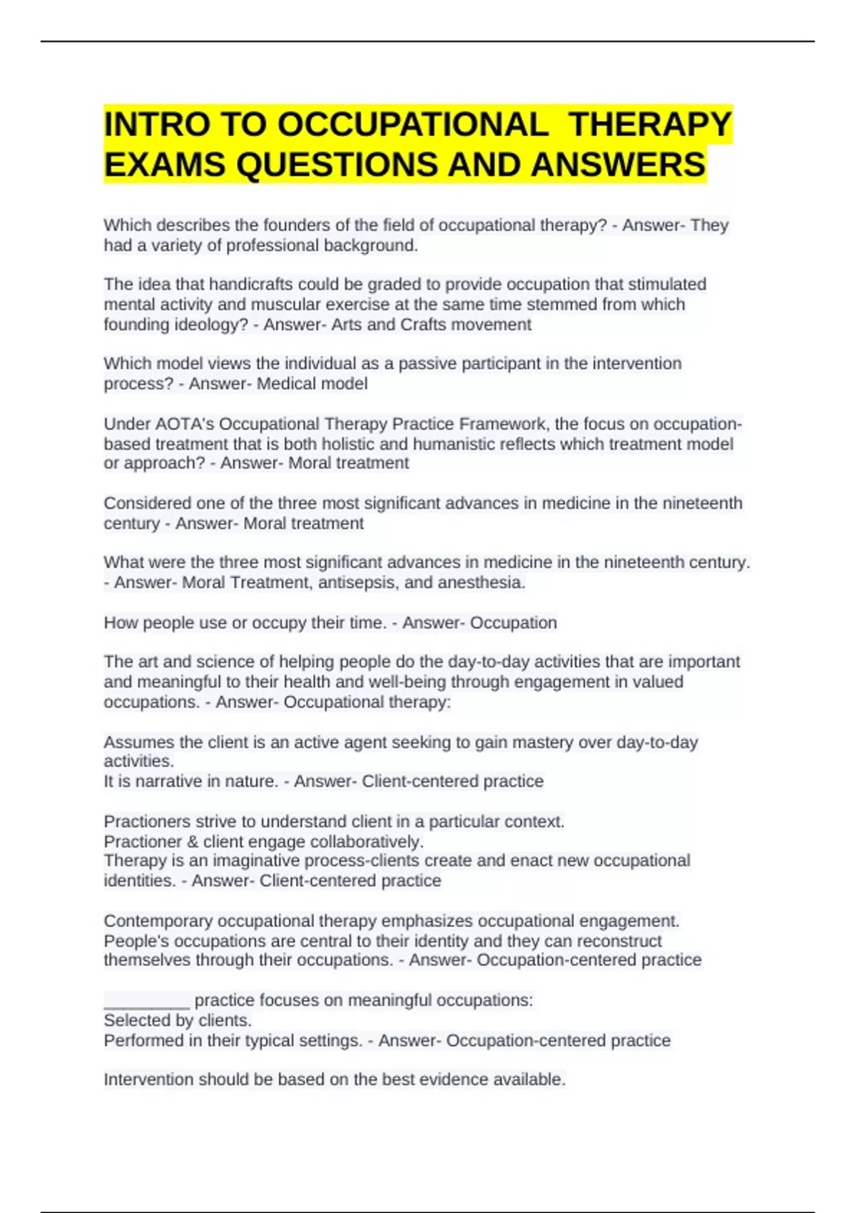 Ot Questions INTRO TO OCCUPATIONAL THERAPY EXAMS QUESTIONS AND ANSWERS - INTRO TO ...