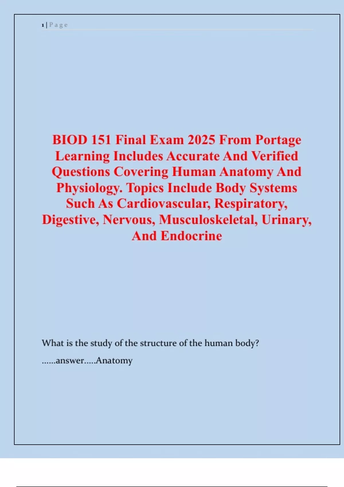 BIOD 151 Final Exam 2025 – Portage Learning | Verified Questions on ...