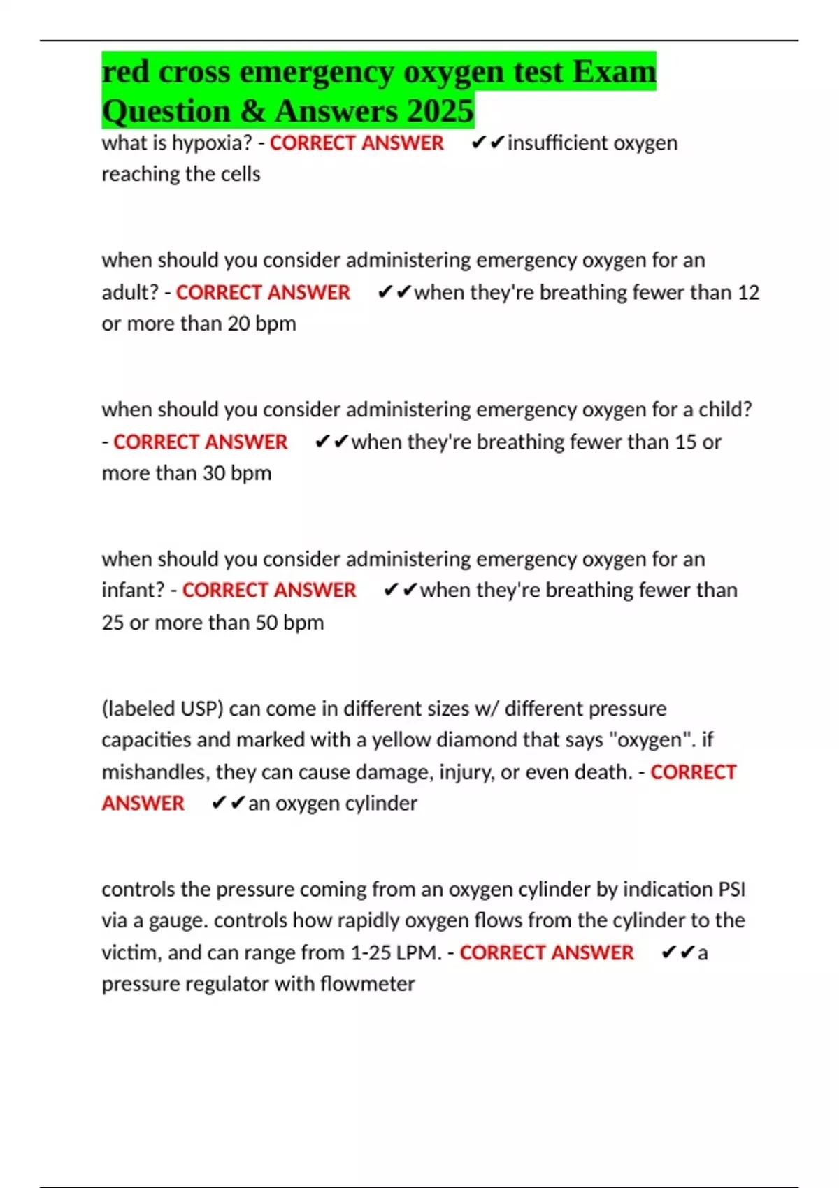 red cross emergency oxygen test Exam Question & Answers 2025.docx - NHA ...