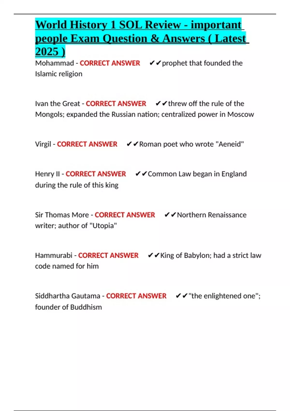 World History 1 SOL Review - important people Exam Question & Answers ...