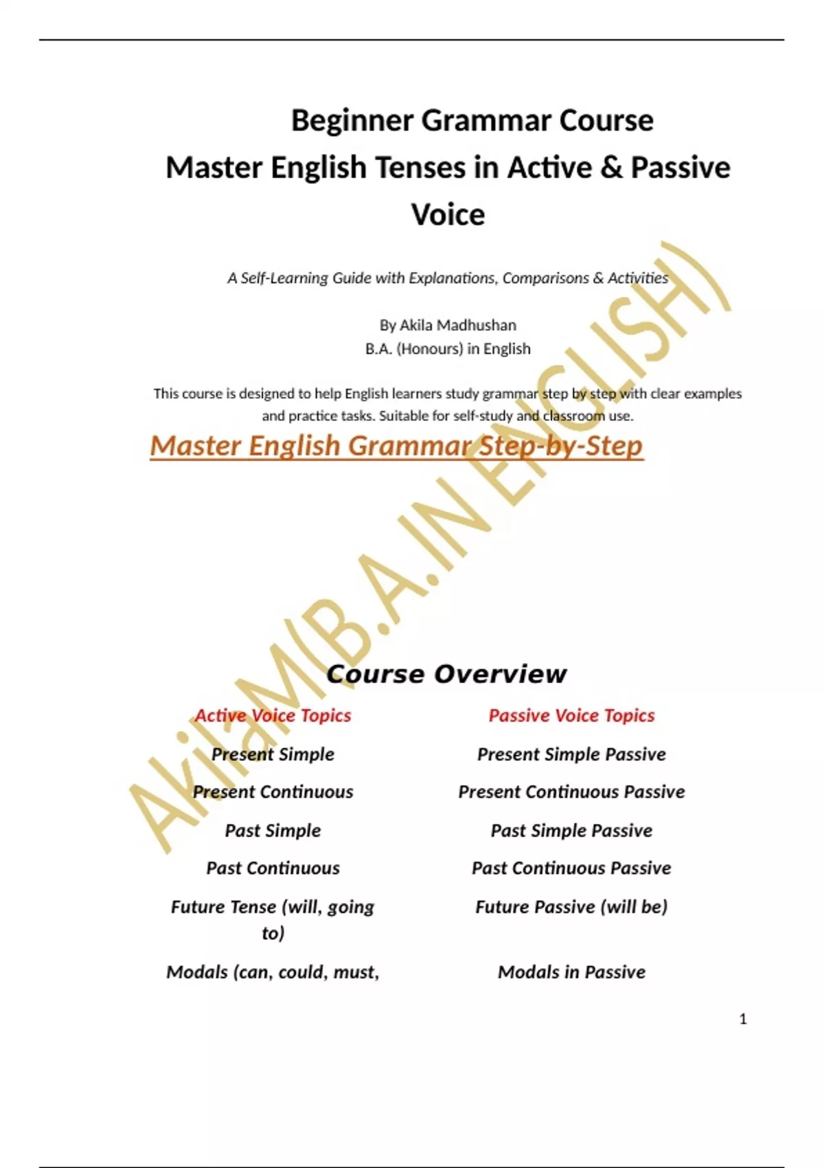 Summary Beginner Full English Grammar Course: Active & Passive Voice ...