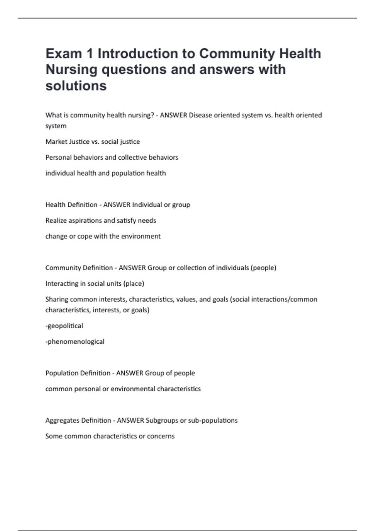 Exam 1 Introduction to Community Health Nursing questions and answers ...