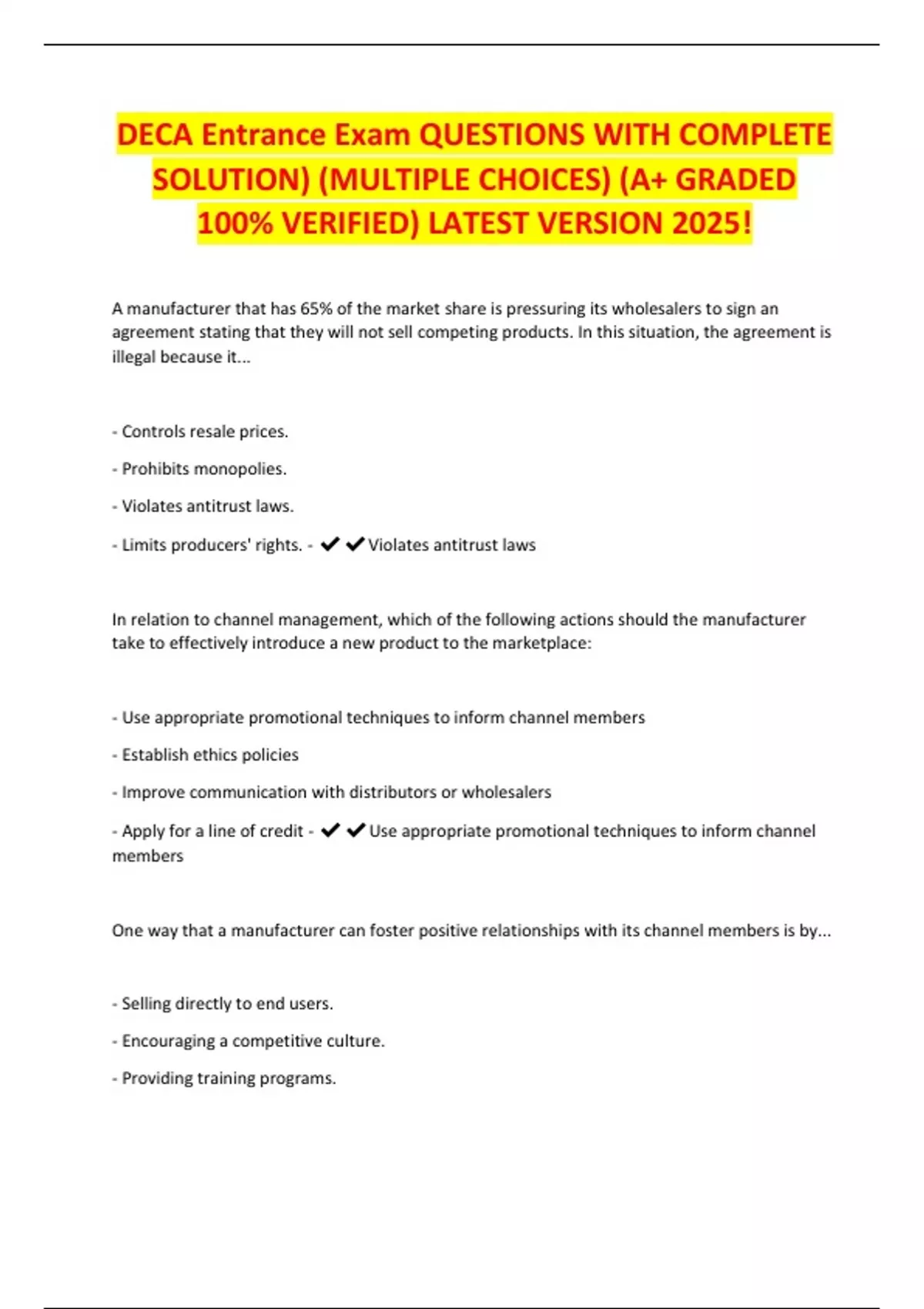 DECA Entrance Exam QUESTIONS WITH COMPLETE SOLUTION) (MULTIPLE CHOICES ...