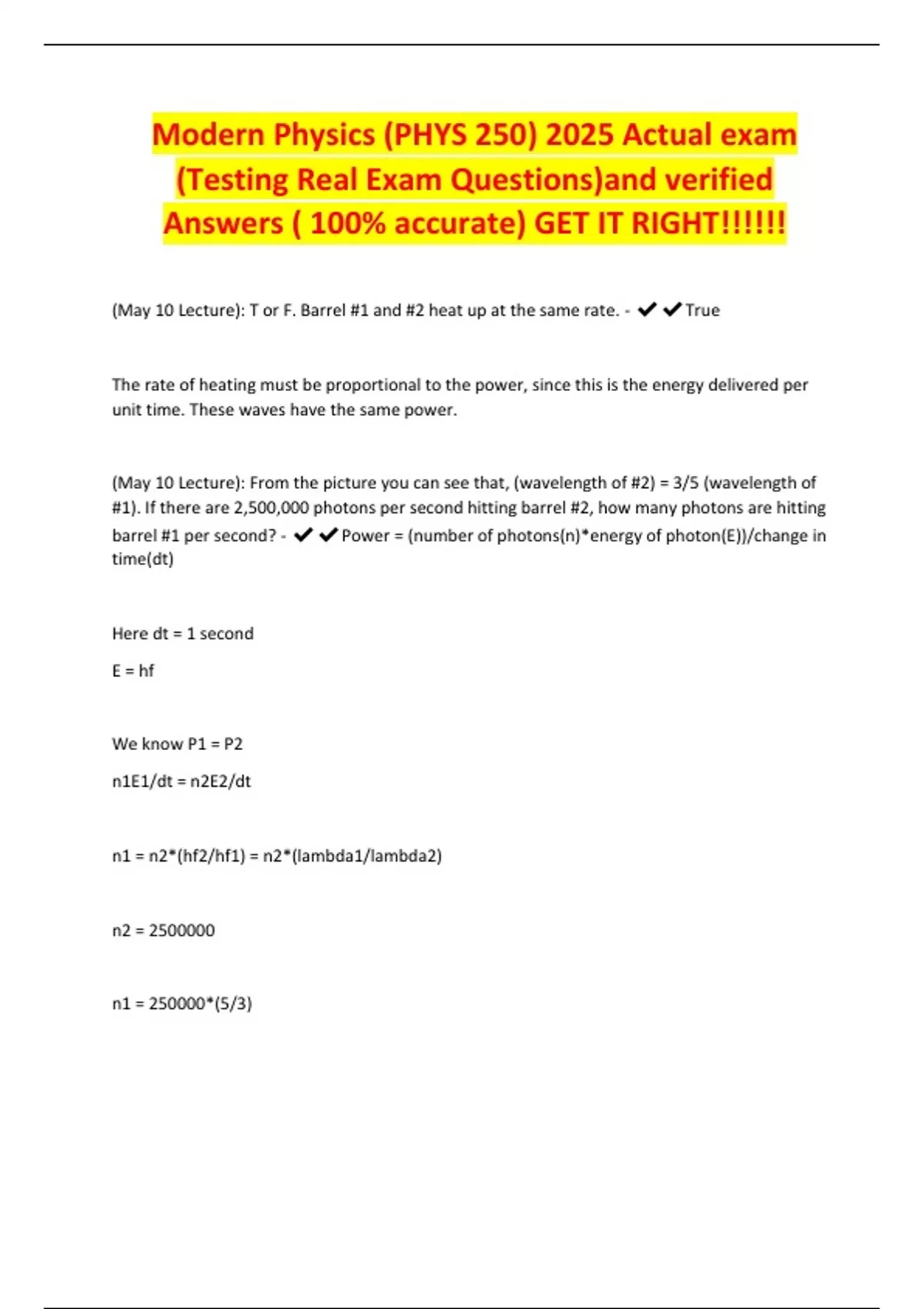 Modern Physics (PHYS 250) 2025 Actual exam (Testing Real Exam Questions ...