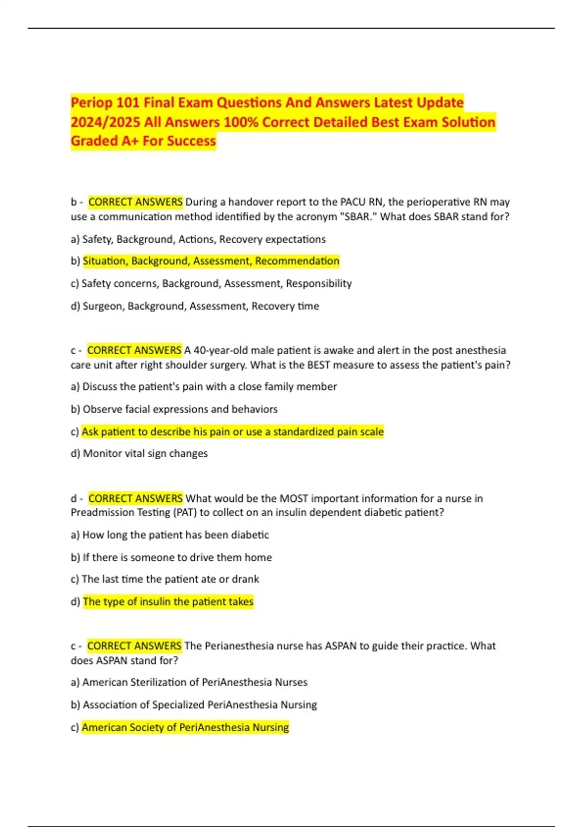 Periop 101 Final Exam Questions and Answers | Latest Update 2024/2025 ...