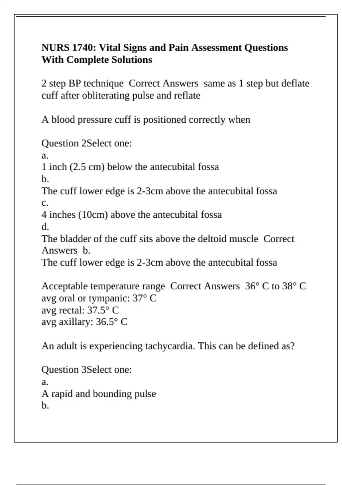 NURS 1740: Vital Signs and Pain Assessment Questions With Complete ...