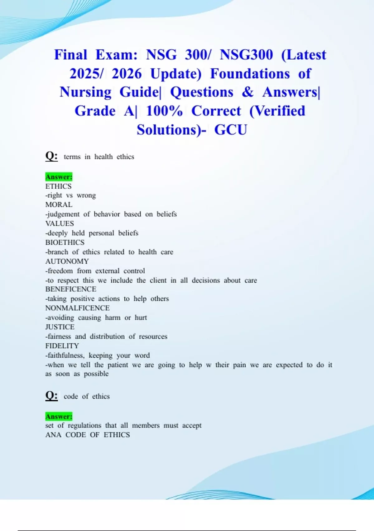 Final Exam: NSG 300/ NSG300 (Latest 2025/ 2026 Update) Foundations of ...