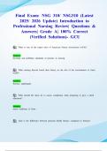 Final Exam&colon; NSG 310&sol; NSG310 &lpar;Latest 2025&sol; 2026 Update&rpar; Introduction to Professional Nursing Review&vert; Questions & Answers&vert; Grade A&vert; 100&percnt; Correct &lpar;Verified Solutions&rpar;- GCU