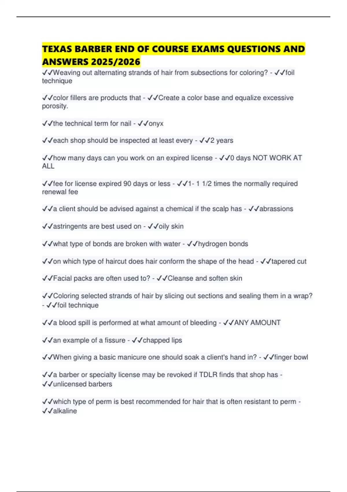 TEXAS BARBER END OF COURSE EXAMS QUESTIONS AND ANSWERS 2025/2026 ...