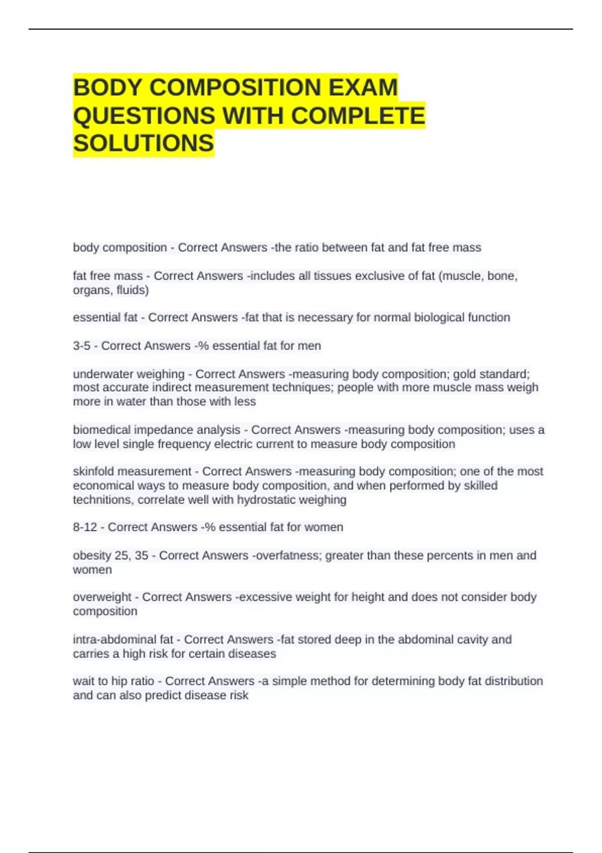 BODY COMPOSITION EXAM QUESTIONS WITH COMPLETE SOLUTIONS - BCMAP - Stuvia US