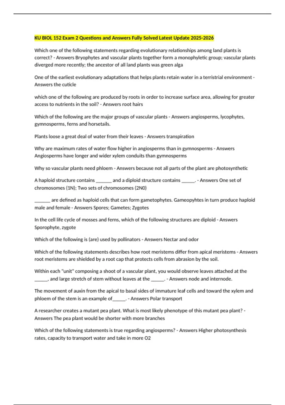KU BIOL 152 Exam 2 Questions and Answers Fully Solved Latest Update ...