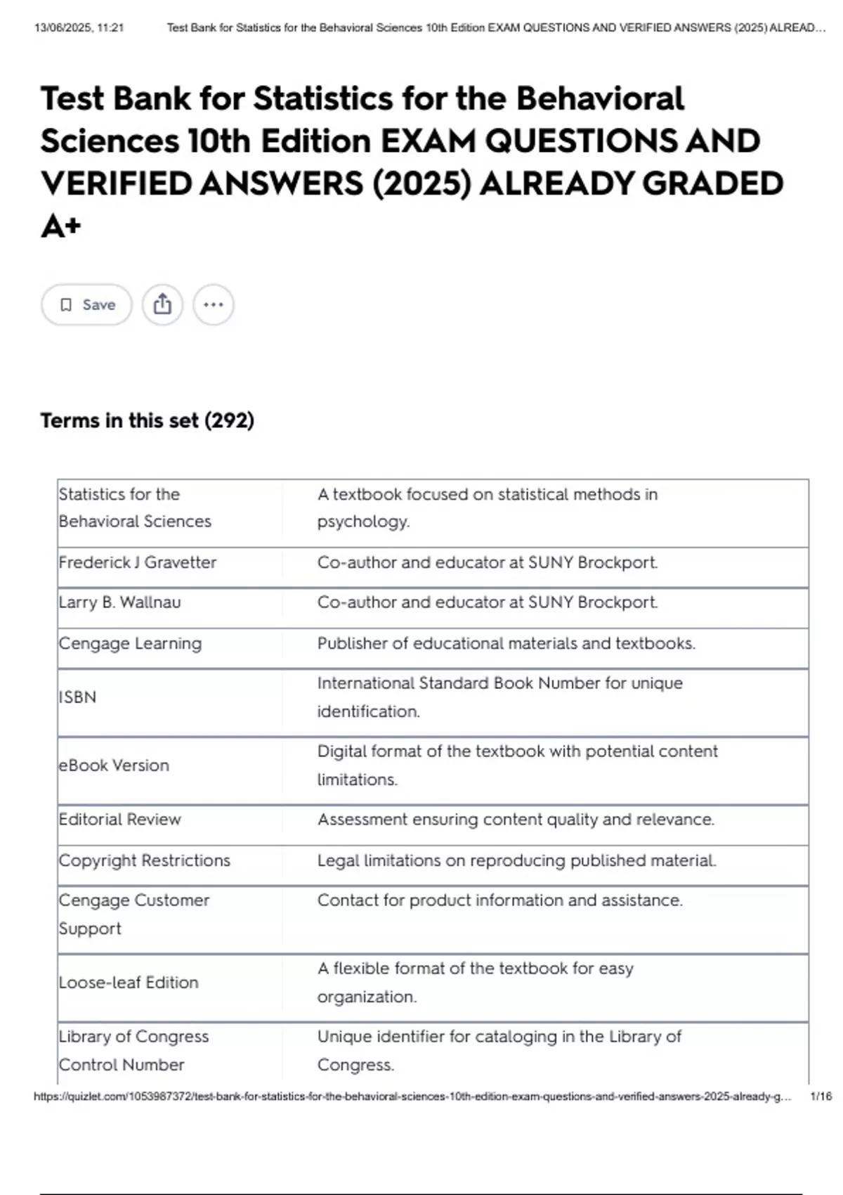 Test Bank for Statistics for the Behavioral Sciences 10th Edition EXAM ...
