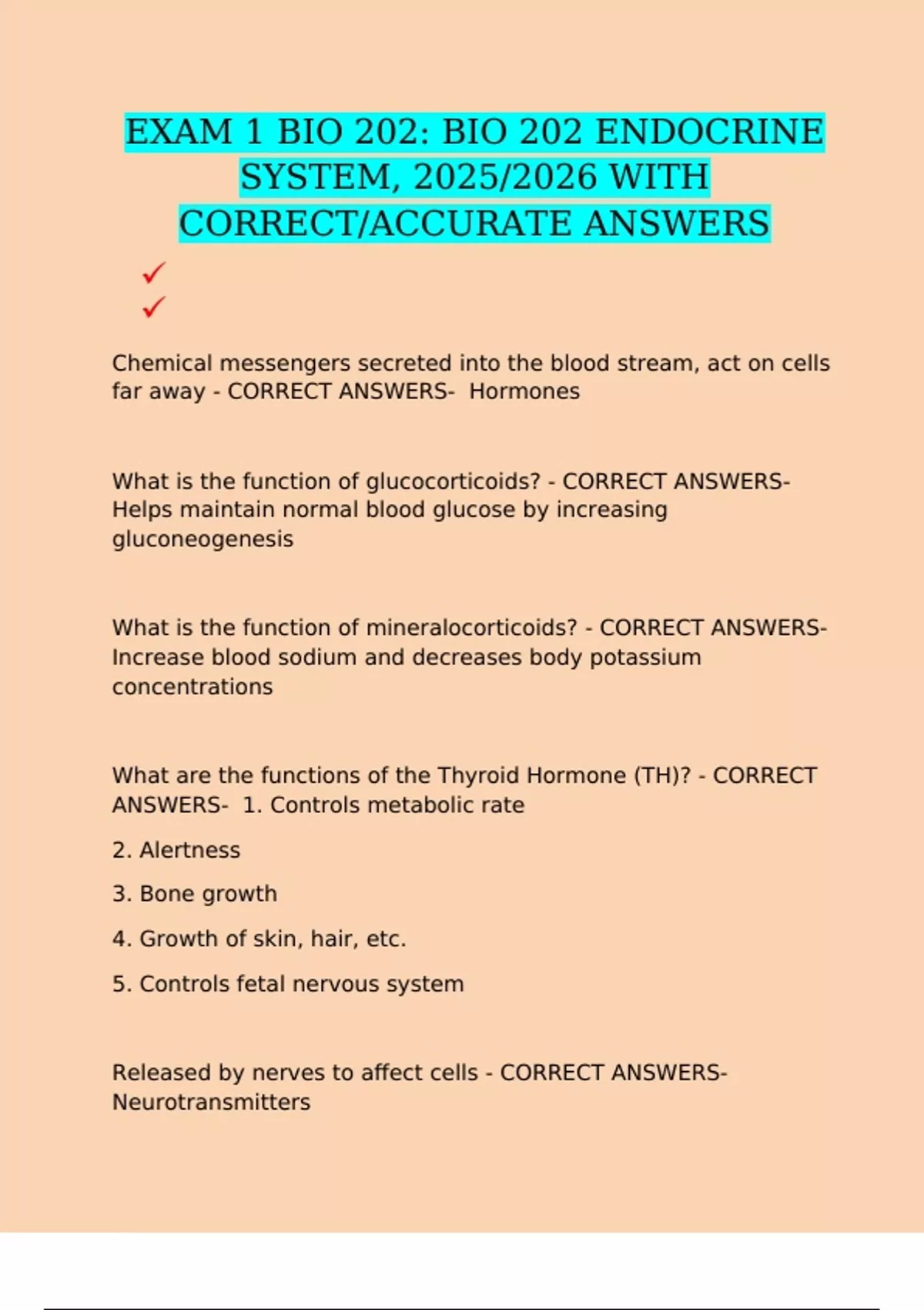 EXAM 1 BIO 202: BIO 202 ENDOCRINE SYSTEM, 2025/2026 WITH CORRECT ...