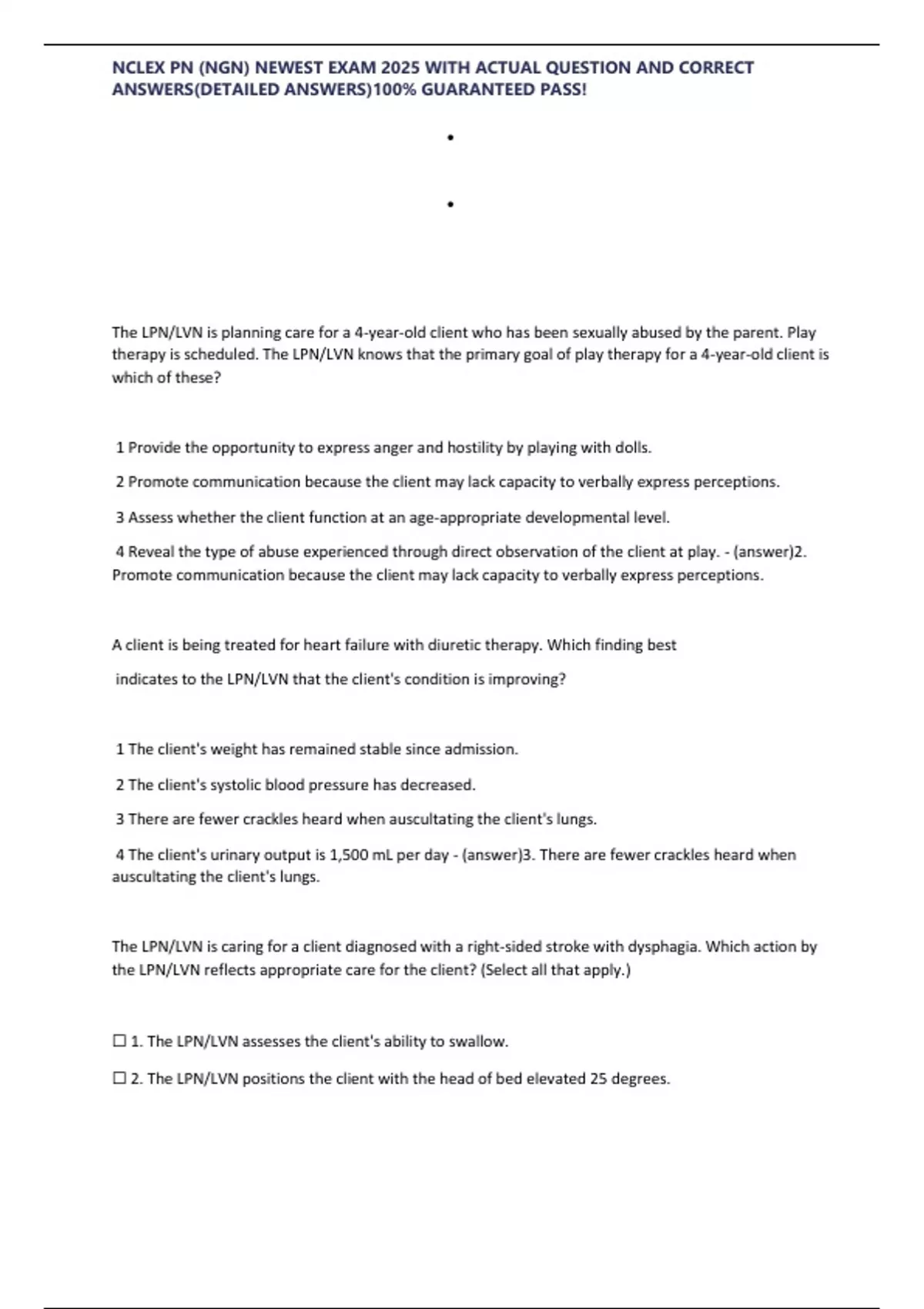 NCLEX PN (NGN) NEWEST EXAM 2025 WITH ACTUAL QUESTION AND CORRECT ...