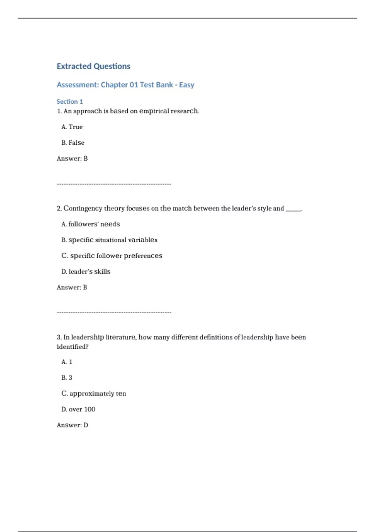 Test Bank, Practice Questions: Introduction to Leadership: Concepts and ...