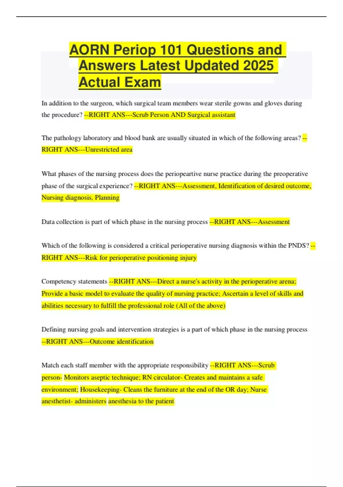 AORN Periop 101 Questions and Answers Latest Updated 2025 Actual Exam ...