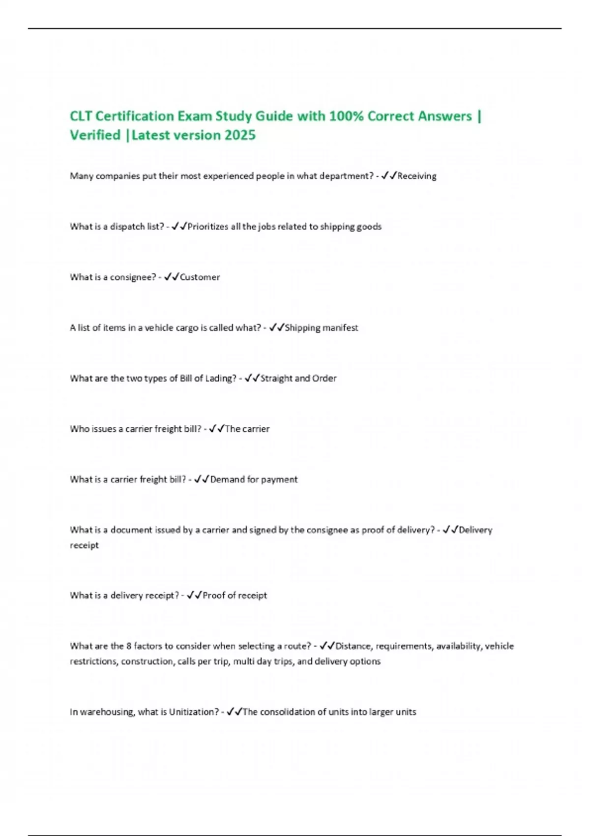 Clt Math Study Guide CLT Certification Exam Study Guide with 100% Correct Answers | Verified ...