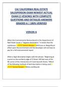 CA&sol; CALIFORNIA REAL ESTATE SALESPERSON EXAM NEWEST ACTUAL EXAM &lpar;2 VESIONS&rpar; WITH COMPLETE QUESTIONS AND DETAILED ANSWERS GRADED A &vert; 100&percnt; VERIFIED